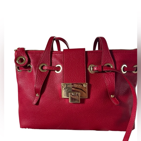 Jimmy Choo Handbags - Jimmy Choo Cherry Red Pebbled Leather Shoulder Bag with Gold Hardware